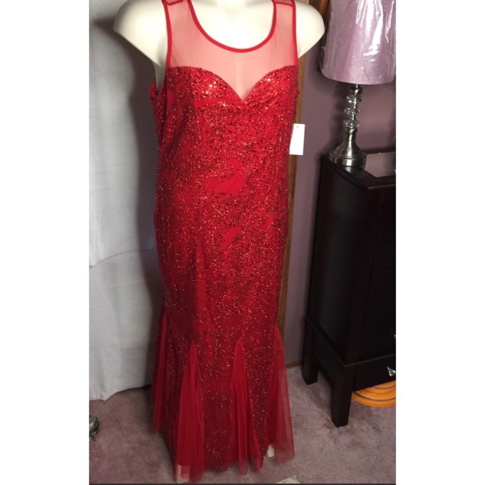 NEW Candalite Red Sheer Sequin Formal Prom Dress